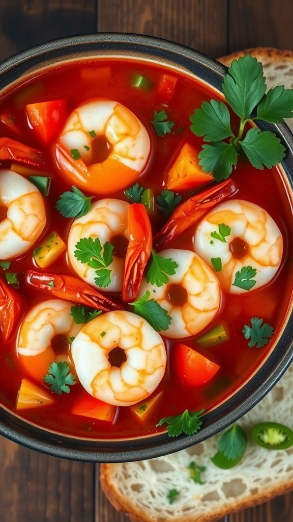 Spicy garlic jalapeño shrimp stew with shrimp, tomatoes, jalapeños, and cilantro on a wooden table with bread.